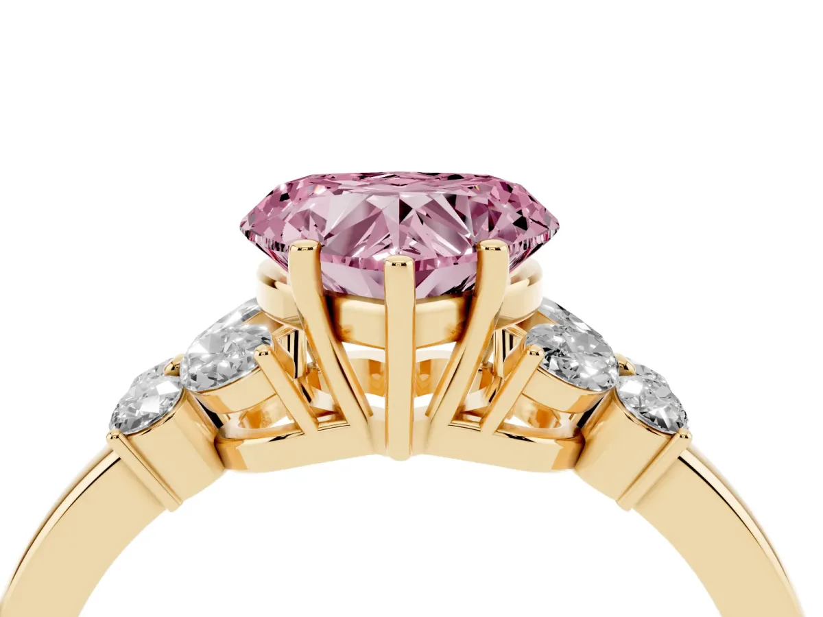 Fancy Pink Heart Cut Cut Solitaire Floral Diamond Ring with Four-Prong Setting Yellow gold