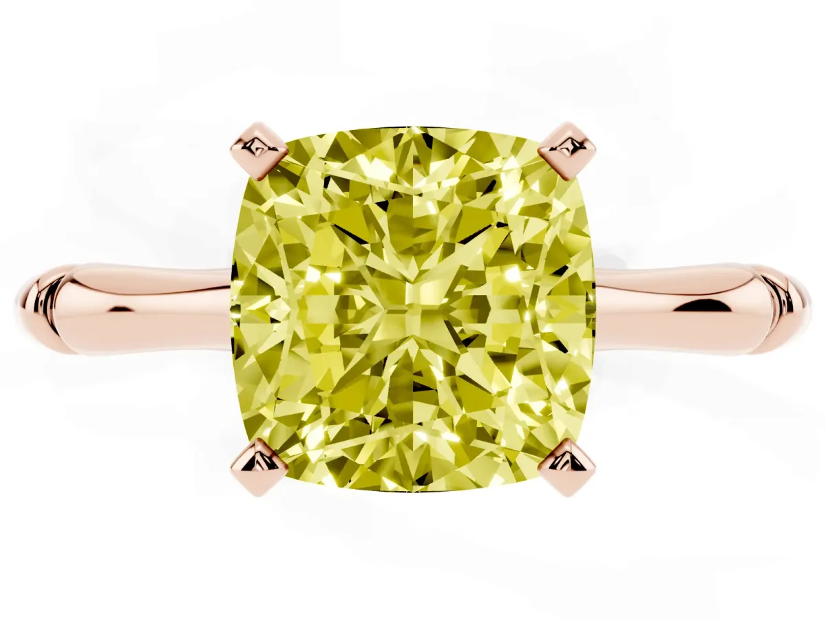 Fancy Yellow Cushion Cut Solitaire Diamond Ring with Bamboo Band and Four-Prong Setting Rose gold