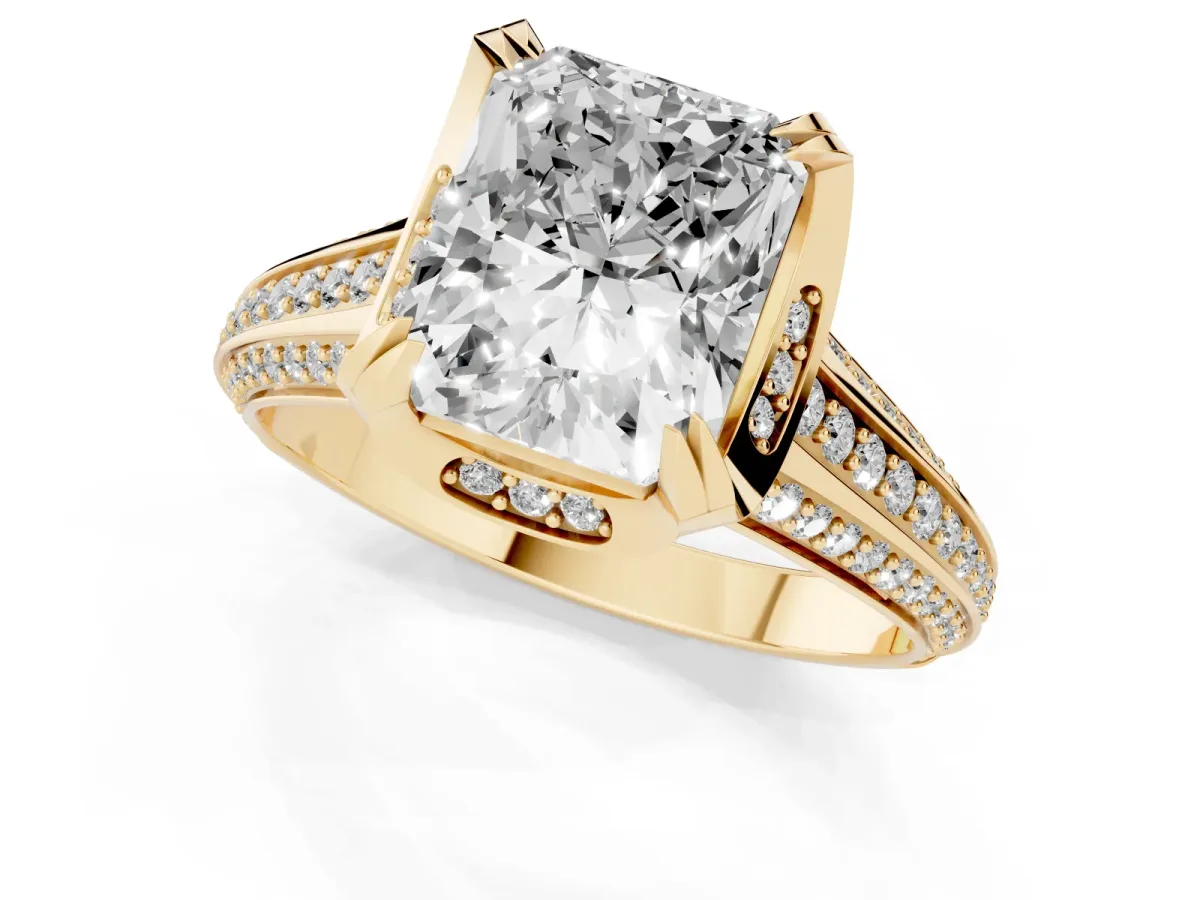 Radiant Cut Solitaire Pave Split Shank Ring with Four-Prong Setting Yellow gold