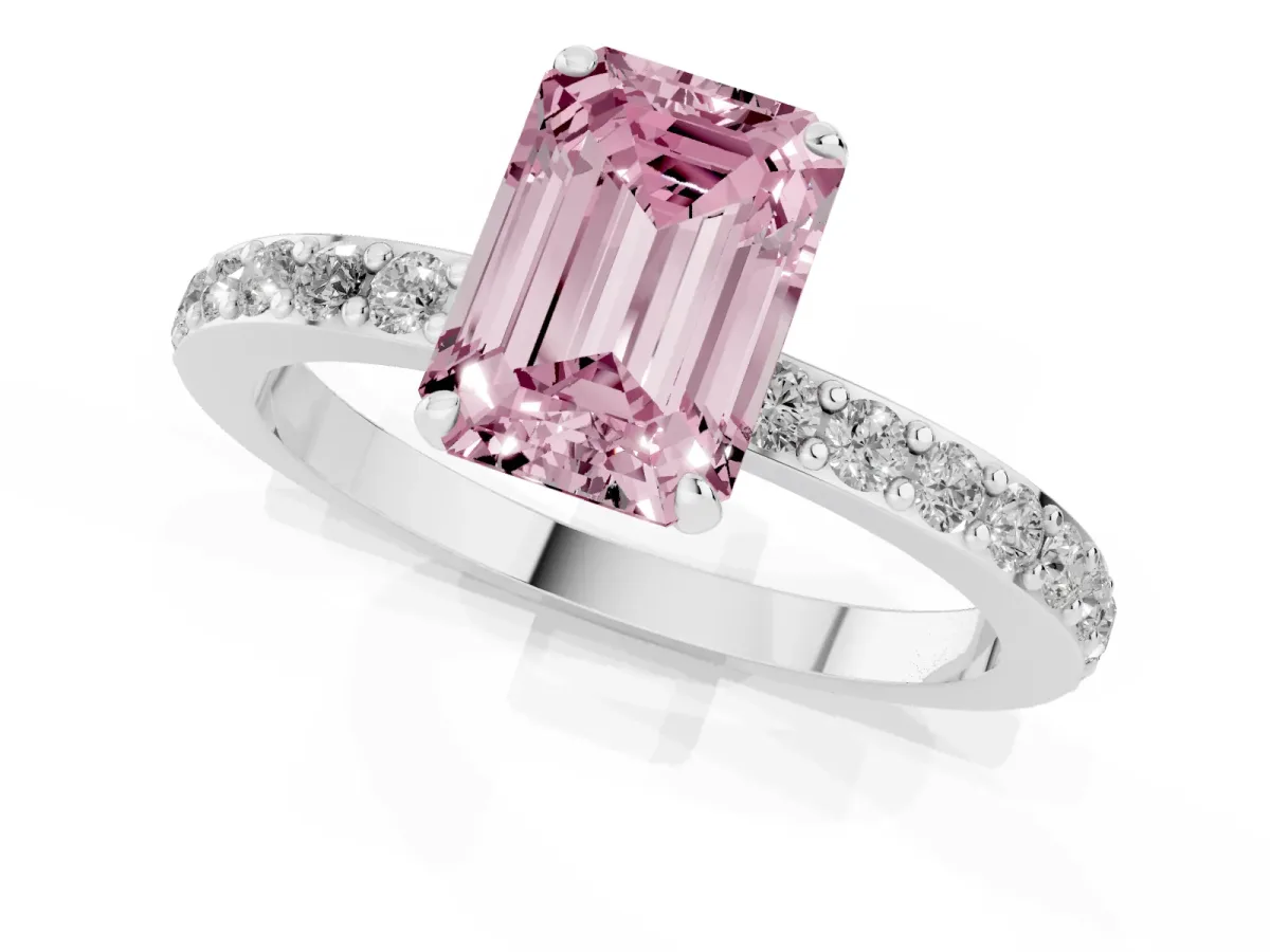 Fancy Pink Emerald Cut Diamond Solitaire Engagement Ring with Pavé Band and Four-Prong Setting Silver