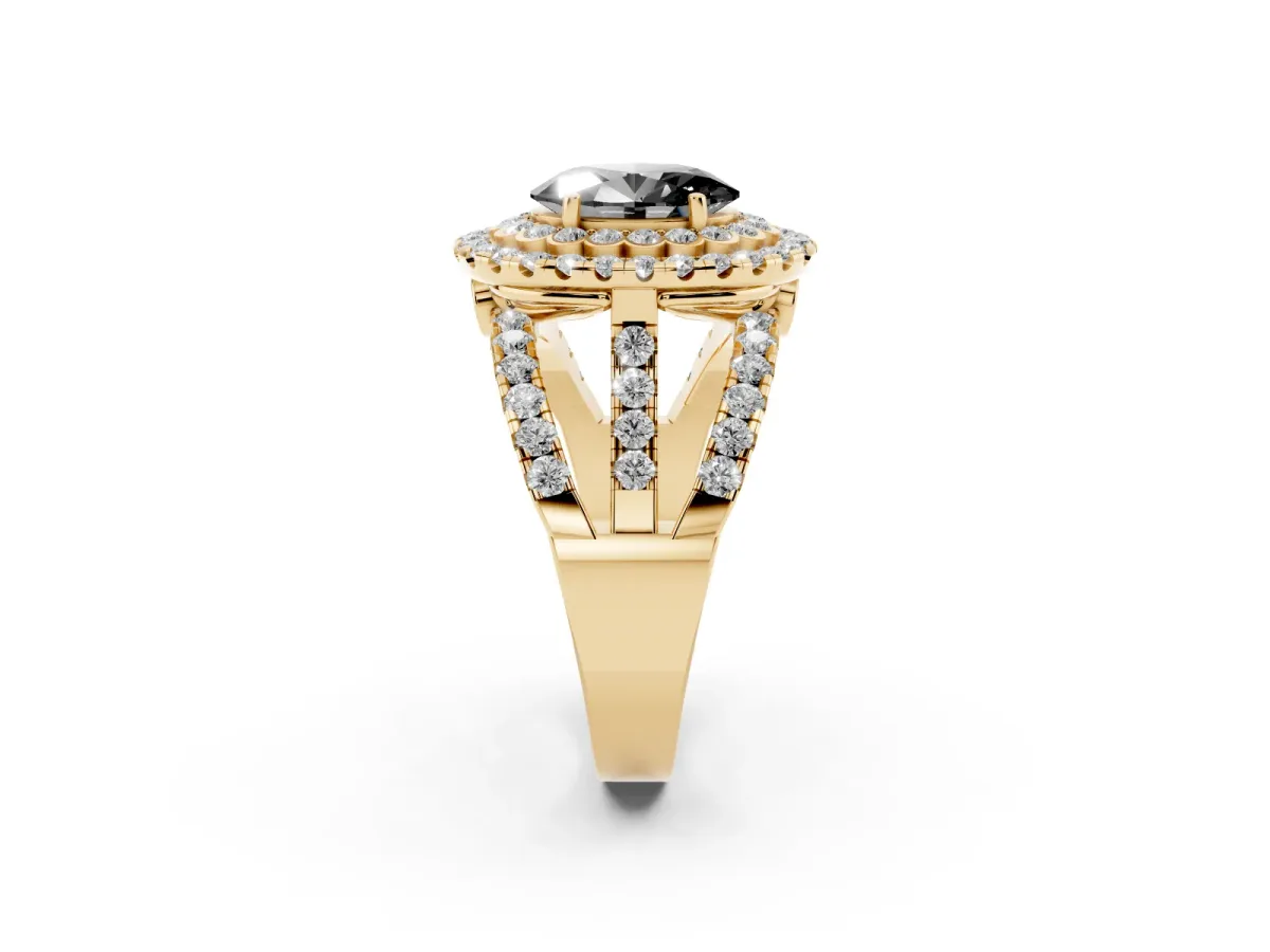 Fancy Black Oval Cut Diamond Double Halo Ring with Round Pavé Split Shank and Prong Setting Yellow gold