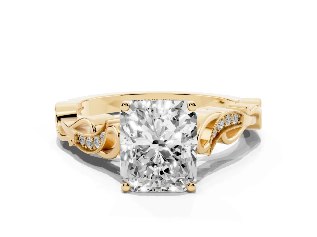 Radiant Cut Solitaire Vine Band with Milgrain Prong Setting Yellow gold