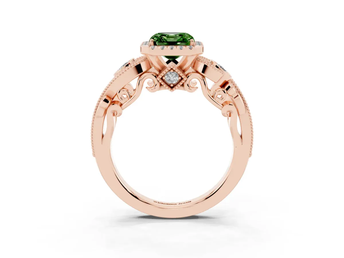 Fancy Green Asscher Cut Halo Diamond Ring with Milgrain and Bezel Accents on a Split Shank Band Rose gold