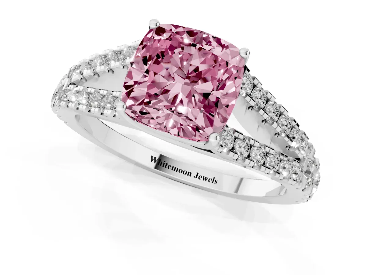 Fancy Pink Cushion Cut Diamond Split Shank Pavé Engagement Ring with Four-Prong Setting Silver