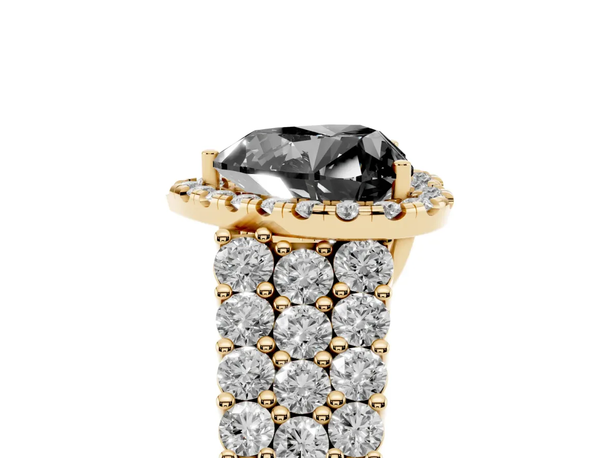 Fancy Black Heart Cut Diamond Halo Engagement Ring with Triple Row Round Pavé Band and Prong Setting Yellow gold