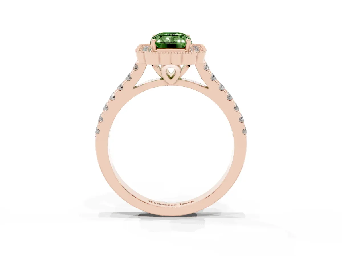 Fancy Green Emerald Cut Cut Diamond Milgrain Floral Halo Engagement Ring with Pavé Band Rose gold