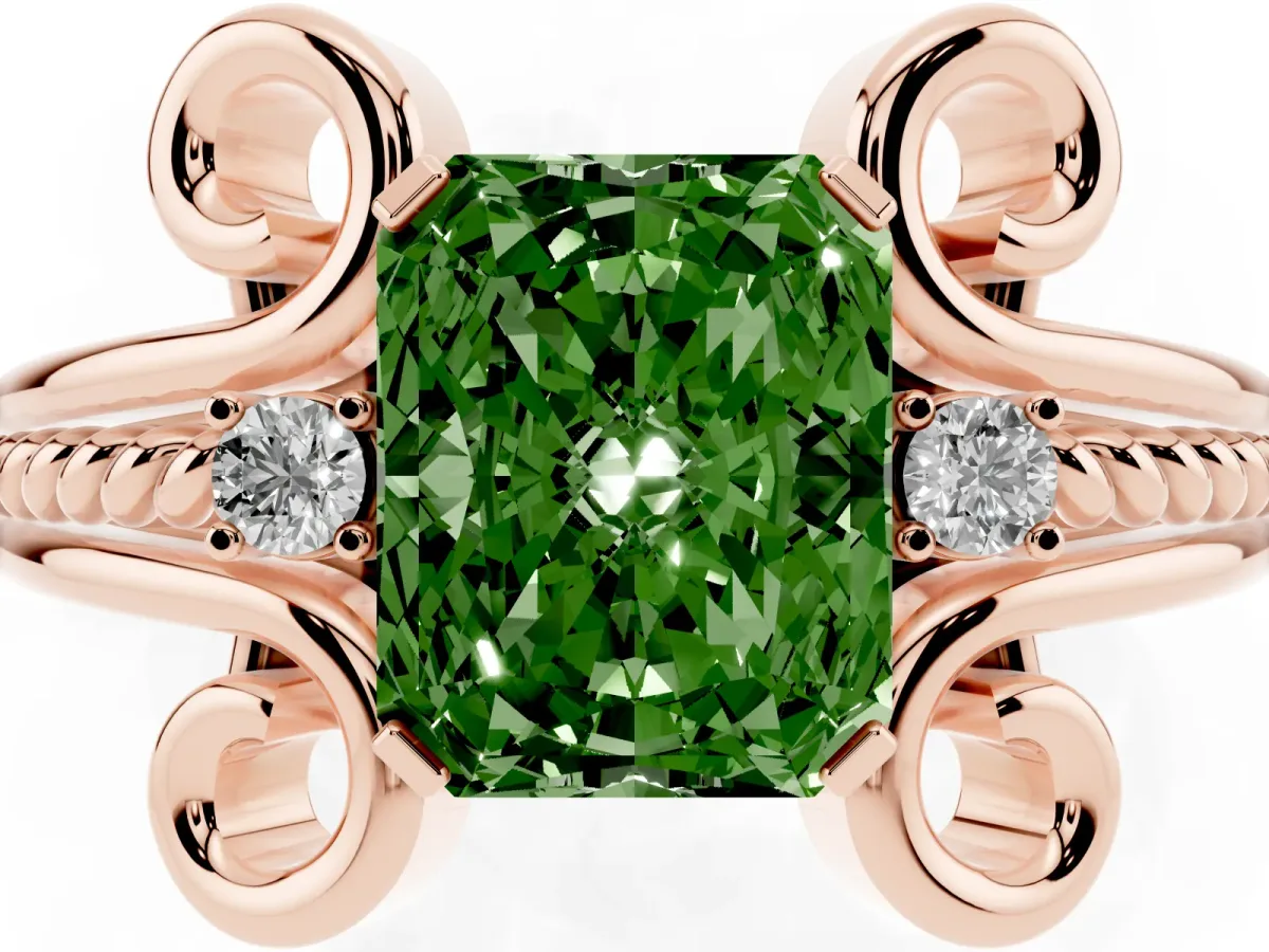 Fancy Green Radiant Cut Solitaire Twisted Band Scroll Prong Ring Rose gold
