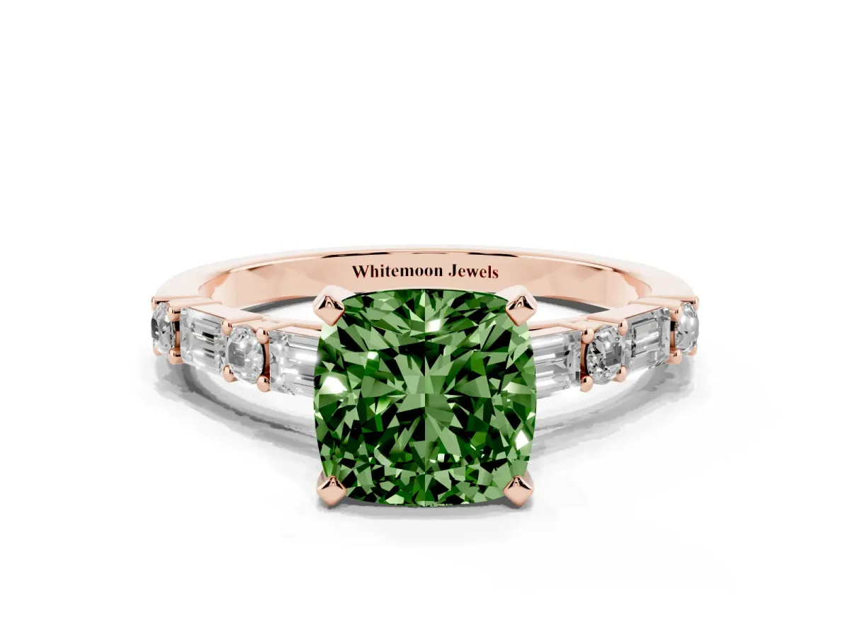 Fancy Green Cushion Cut Diamond Solitaire with Side Baguettes and Channel Set Band Rose gold
