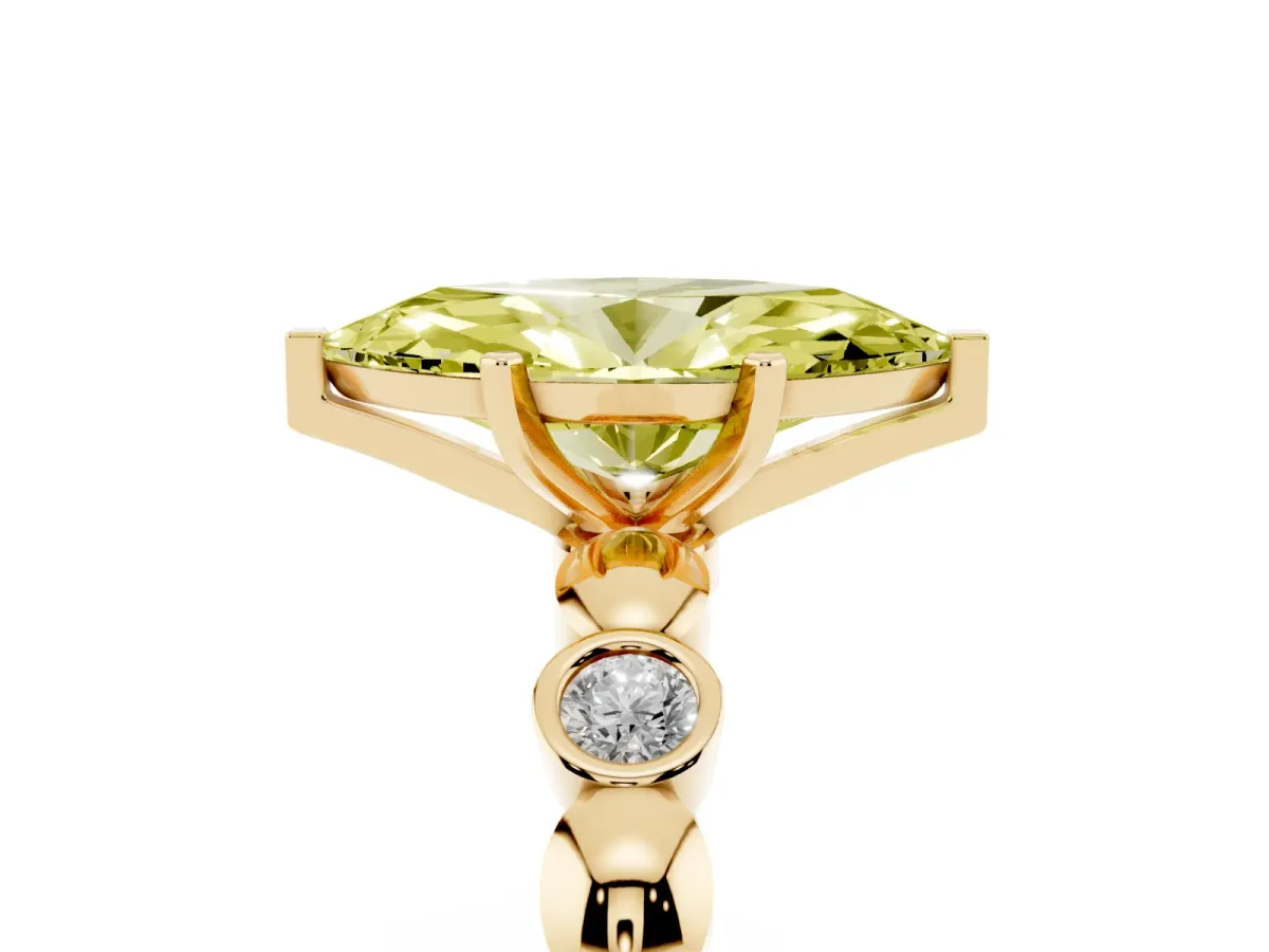 Fancy Yellow Marquise Cut Solitaire Bezel-Set Diamond Ring with Beaded Band and Four-Prong Setting Yellow gold