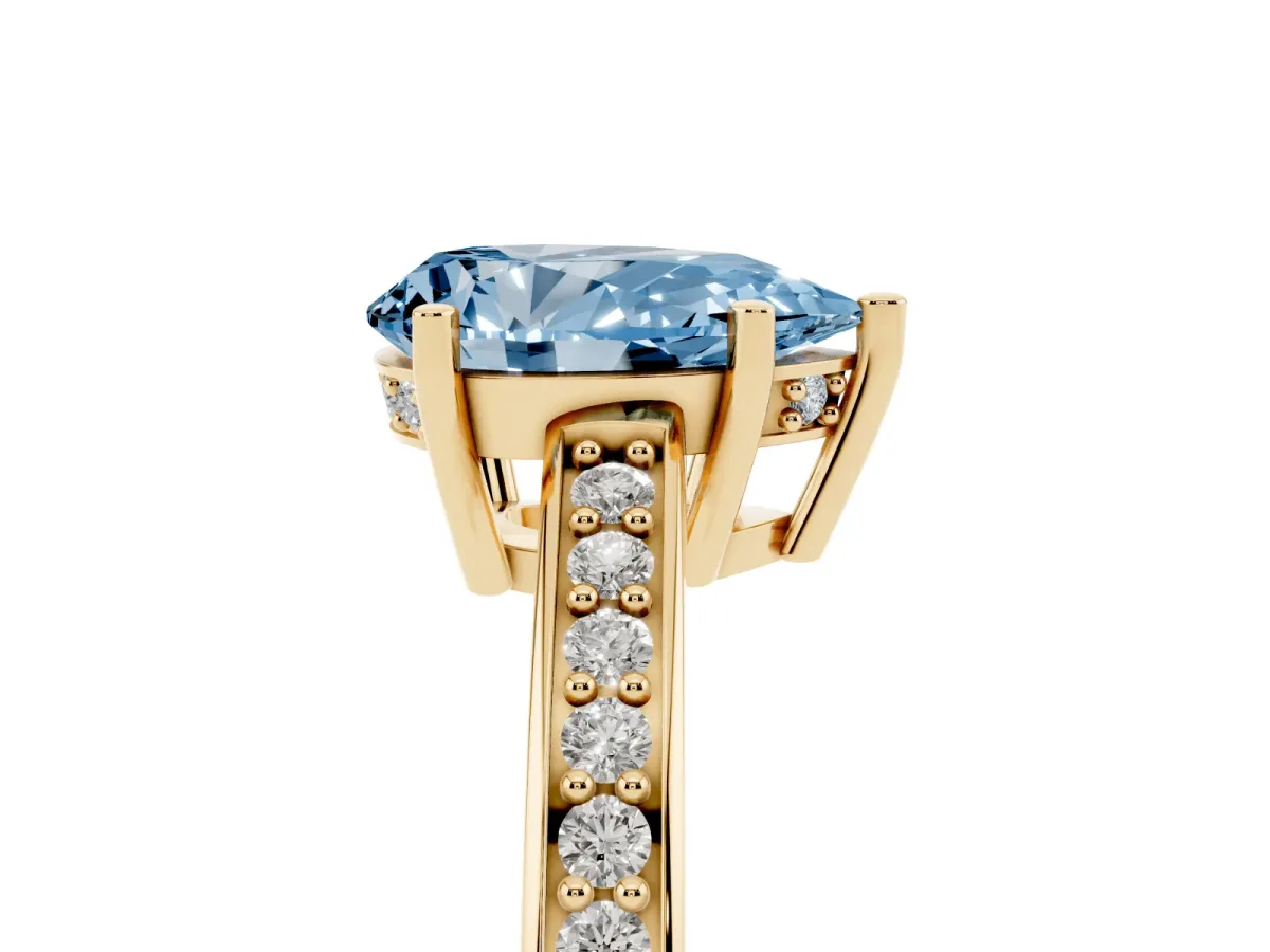Fancy Blue Pear Cut Solitaire Pavé Band Prong Setting Ring Yellow gold