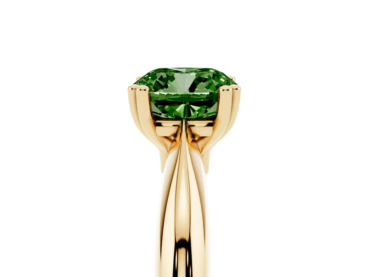 Fancy Green Cushion Cut Cut Solitaire Engagement Ring with Tapered Band and Four-Prong Setting Yellow gold