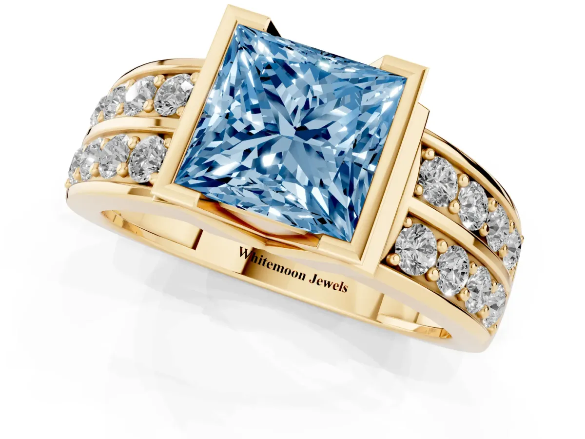 Fancy Blue Princess Cut Brilliant Diamond Channel Set Wide Band Ring with Bezel Setting Yellow gold
