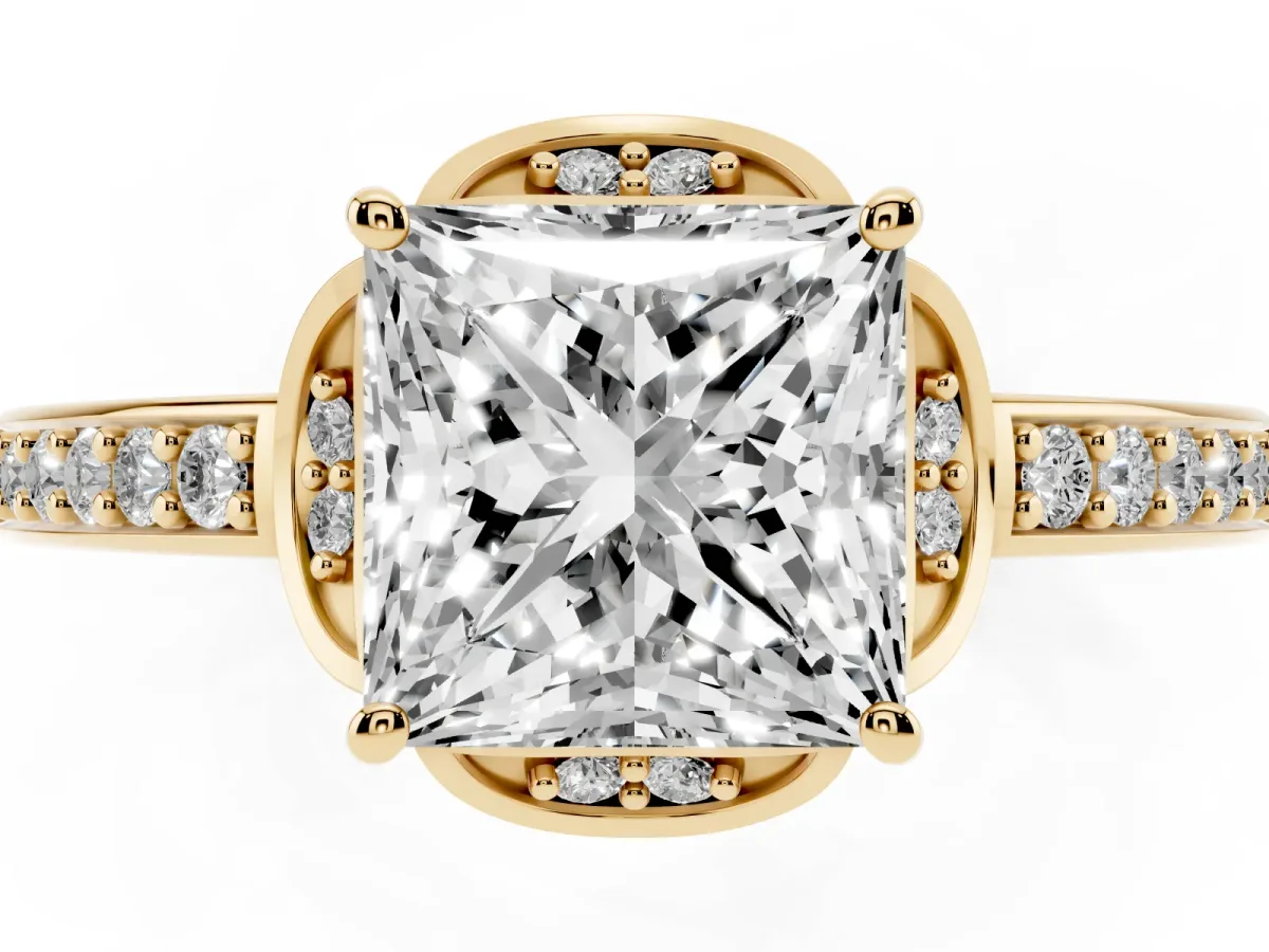 Princess Cut Cut Halo Diamond Ring with Channel Set Band and Four-Prong Setting Yellow gold