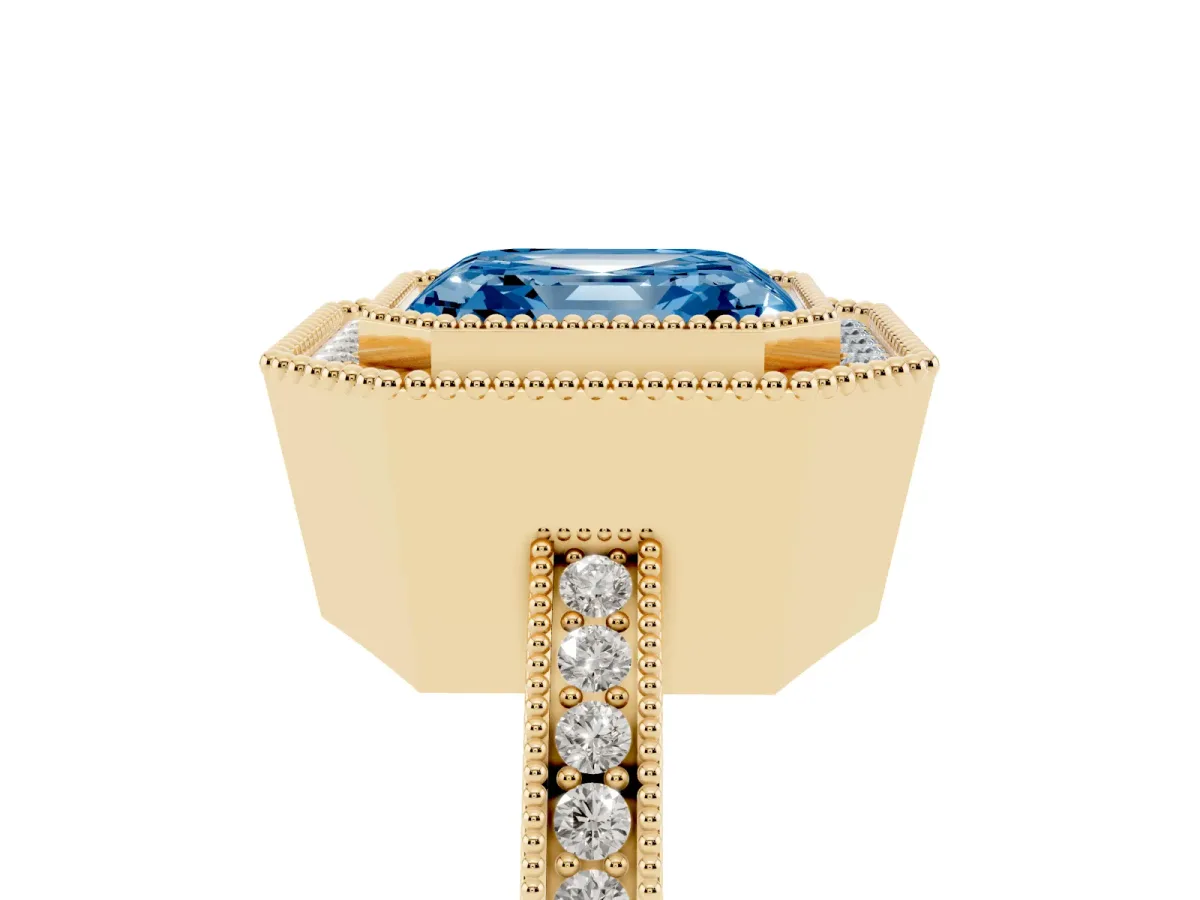 Fancy Blue Asscher Cut Cut Halo Diamond Ring with Pavé Band and Milgrain Prong Setting Yellow gold