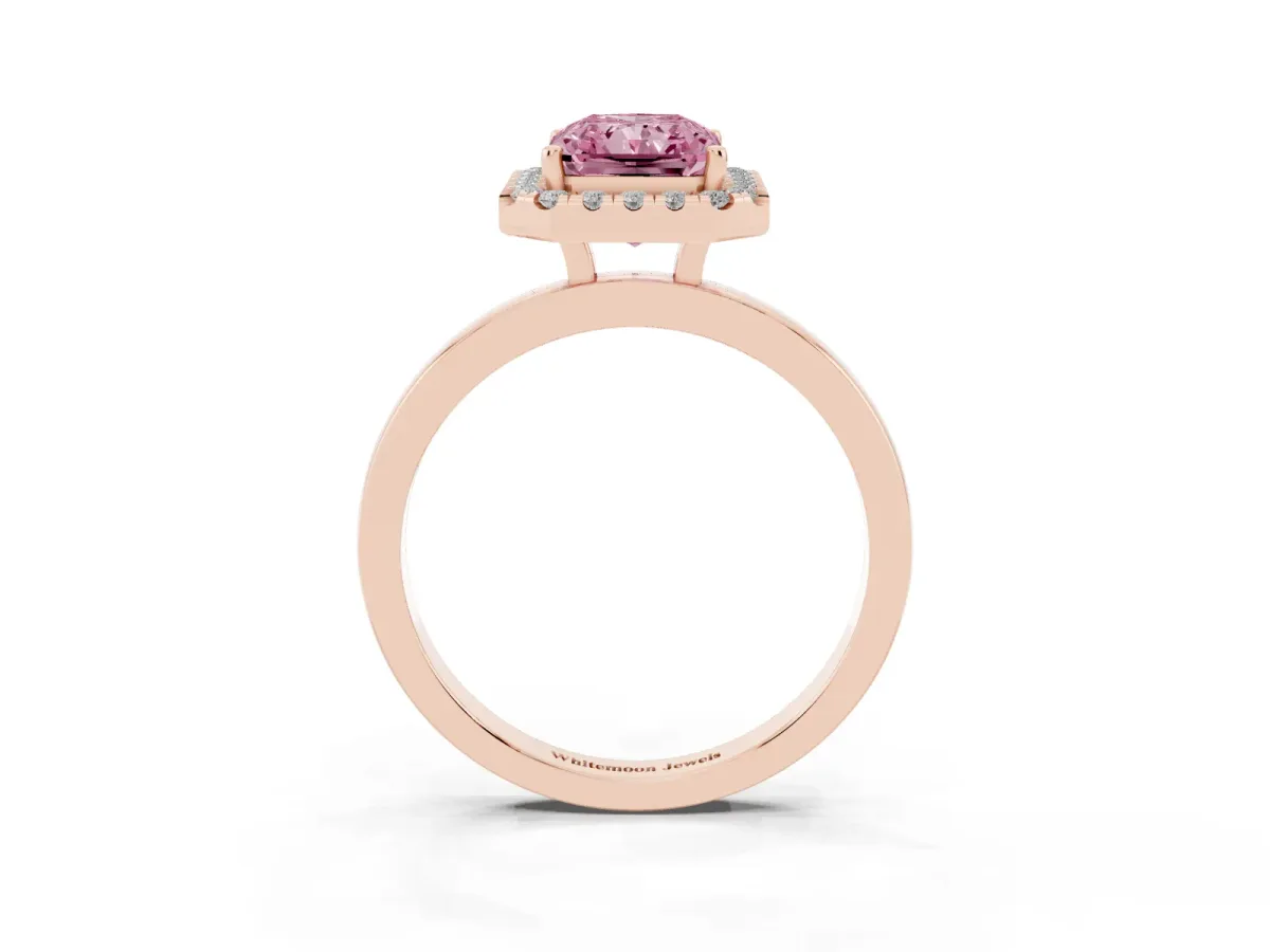 Fancy Pink Radiant Cut Halo Diamond Solitaire with Pavé Band and Four-Prong Setting Rose gold