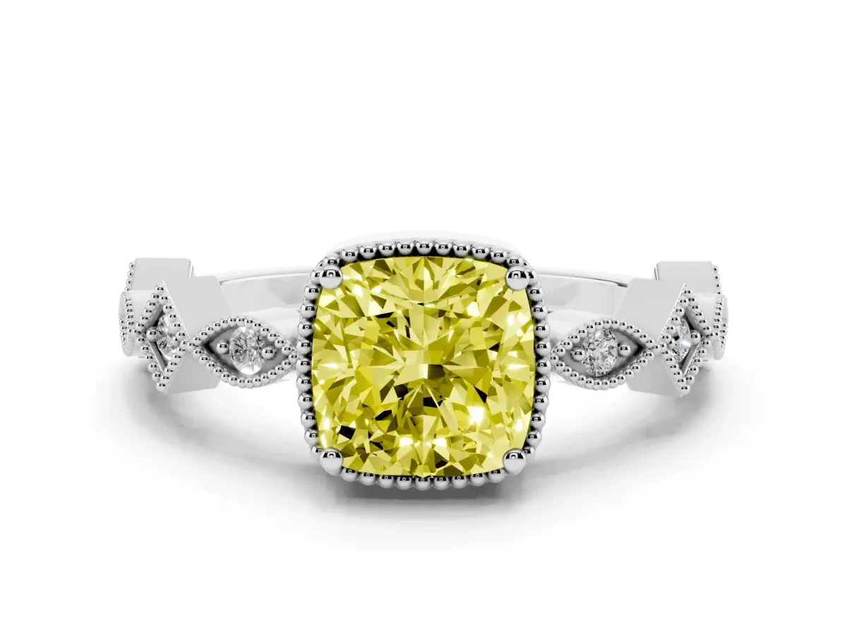 Fancy Yellow Cushion Cut Milgrain Marquise Diamond Twist Band Ring Silver