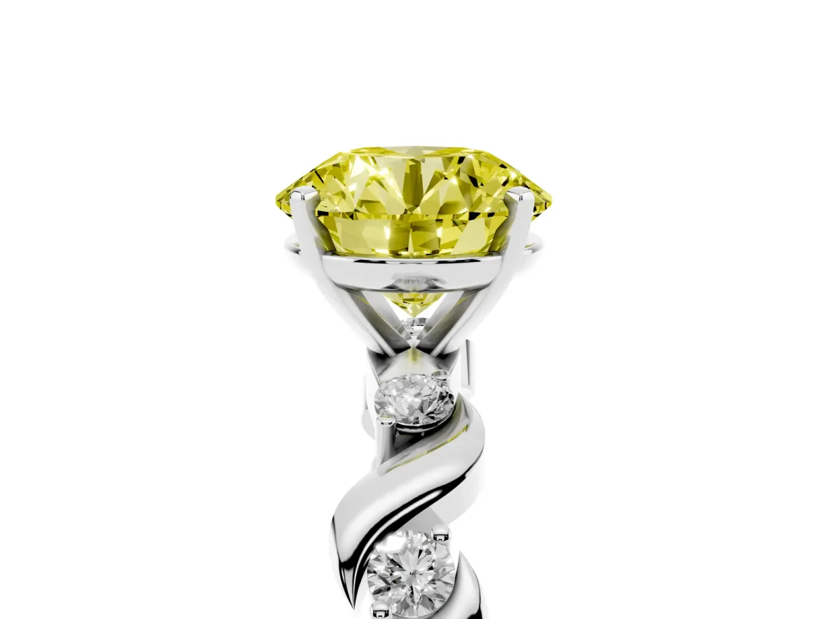 Fancy Yellow Round Cut Diamond Solitaire Twisted Band with Round Accents and Prong Setting Silver