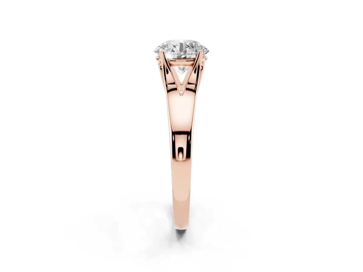 Round Cut Solitaire Diamond Ring with Cathedral Band and Four-Prong Setting Rose gold