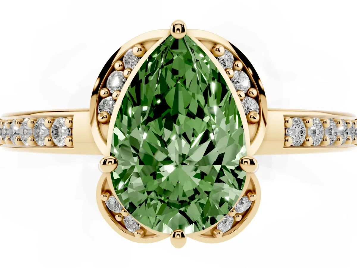 Fancy Green Pear Cut Cut Halo Diamond Ring with Channel Set Band and Four-Prong Setting Yellow gold
