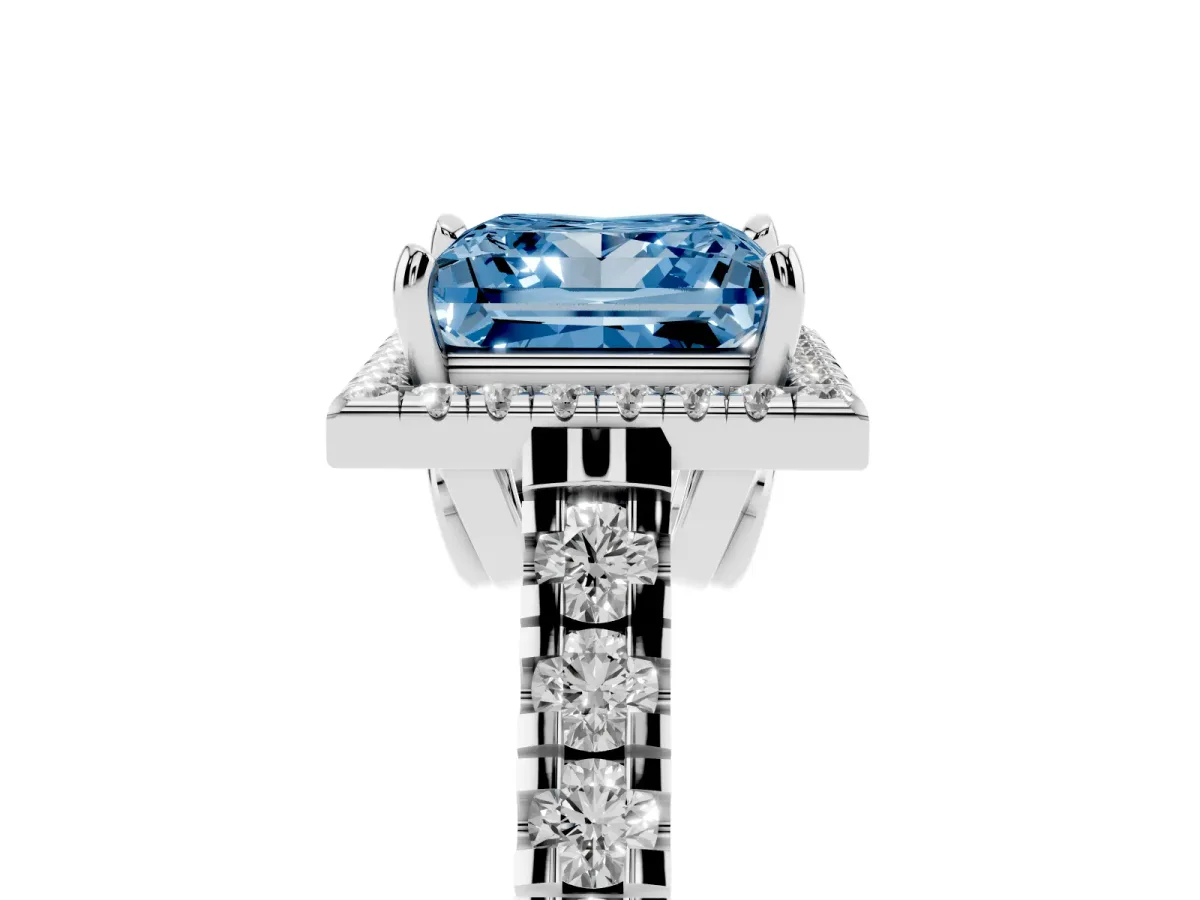 Fancy Blue Princess Cut Halo Pavé Diamond Engagement Ring with Four-Prong Setting Platinum