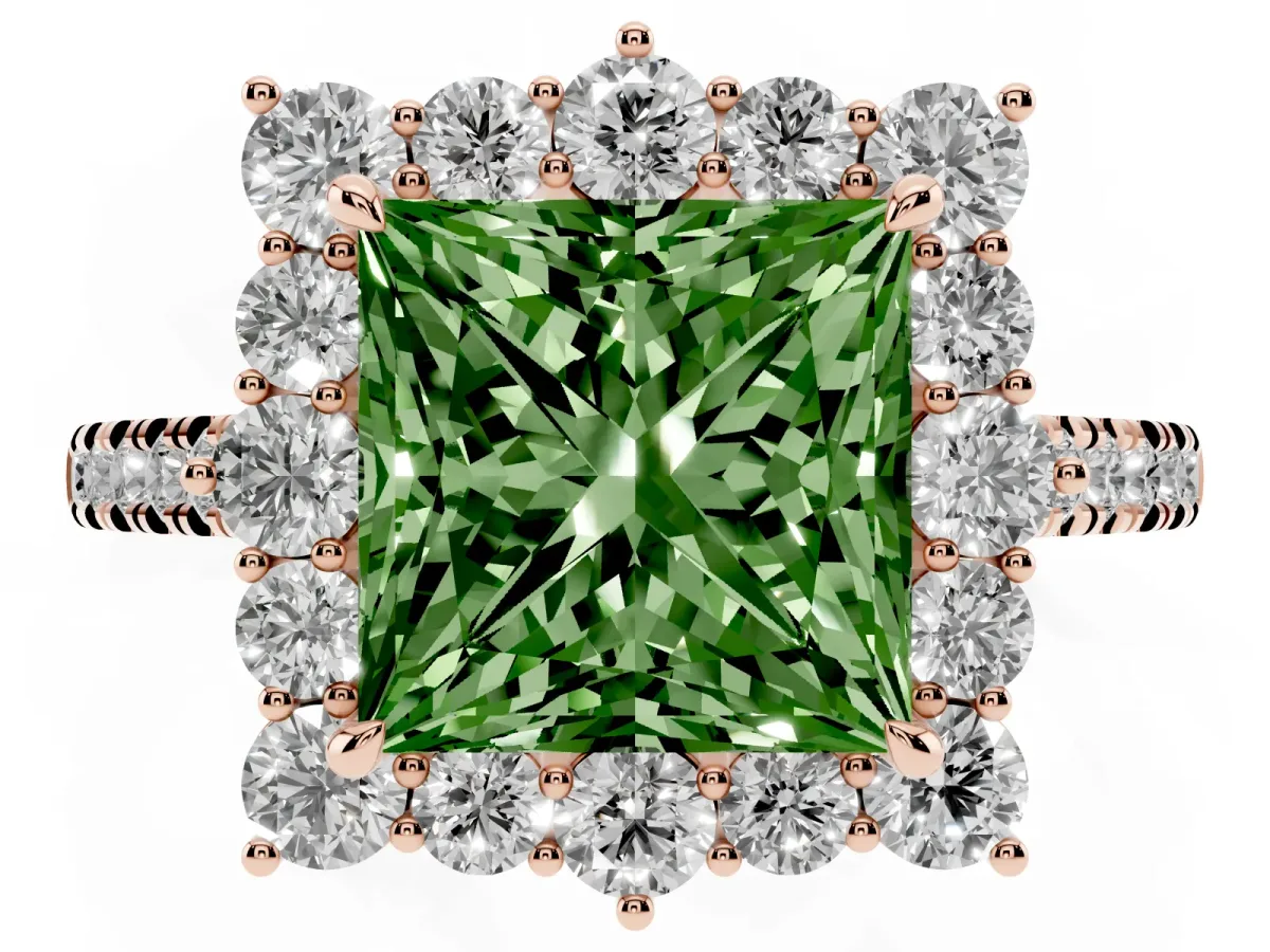 Fancy Green Princess Cut Halo Diamond Ring with Pavé Band and Prong Setting Rose gold