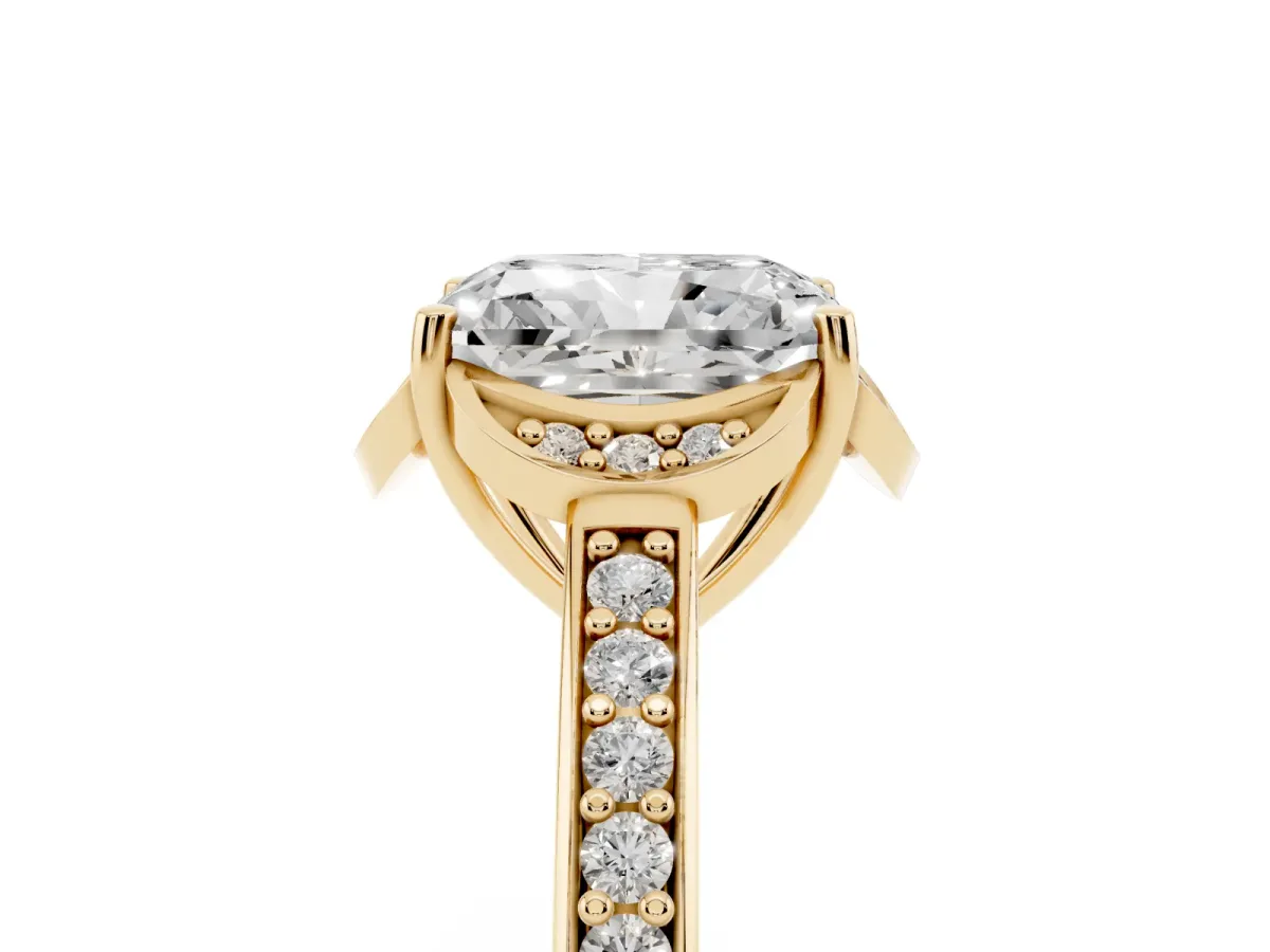 Radiant Cut Cut Halo Diamond Ring with Channel Set Band and Four-Prong Setting Yellow gold