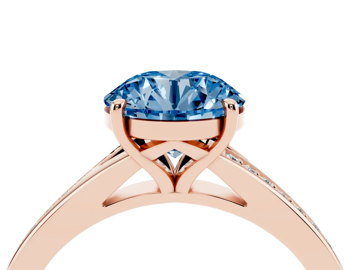 Fancy Blue Round Cut Diamond Solitaire Ring with Pavé Band and Prong Setting Rose gold