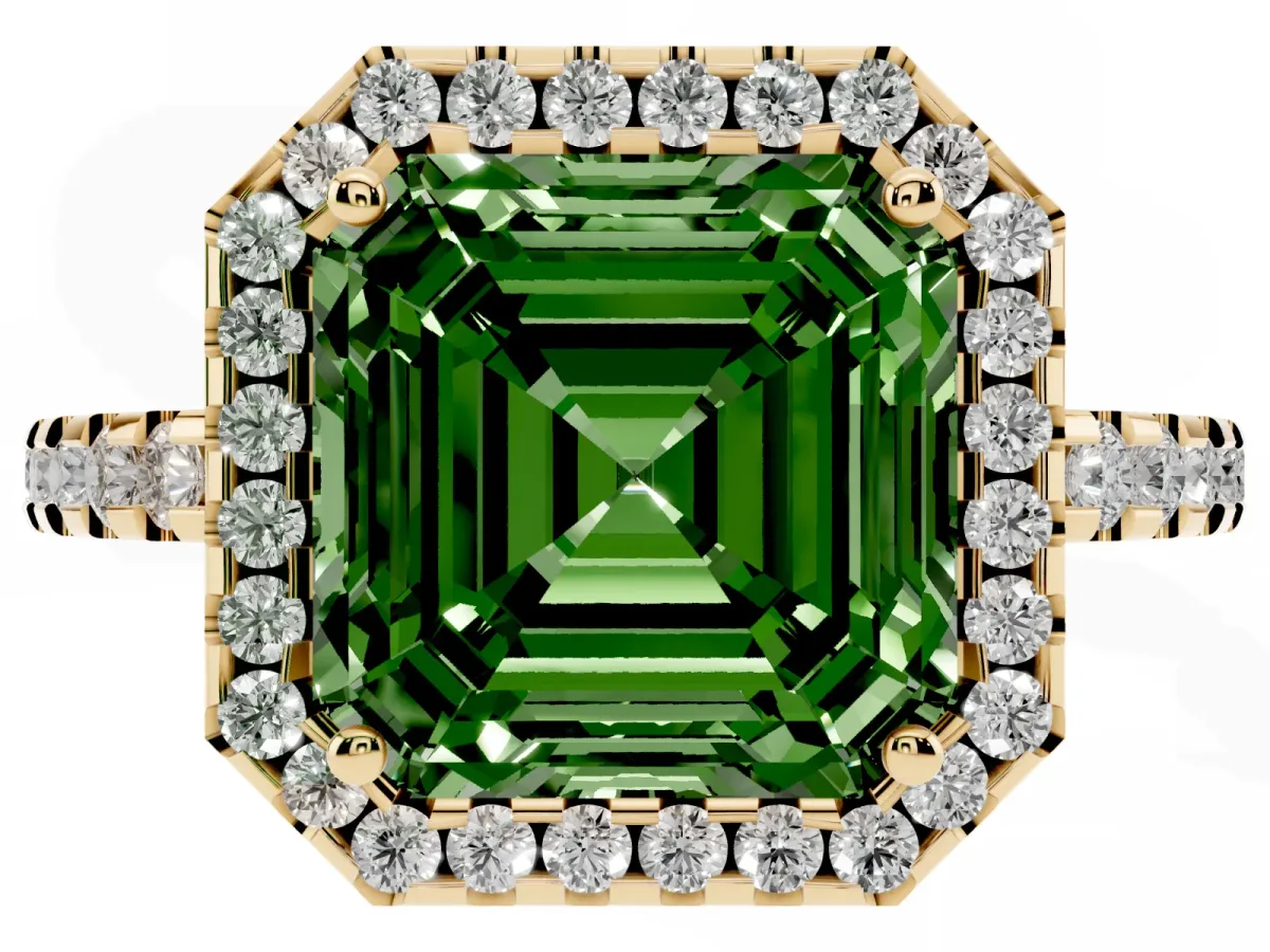 Fancy Green Asscher Cut Diamond Halo Engagement Ring with Pavé Band and Prong Setting Yellow gold