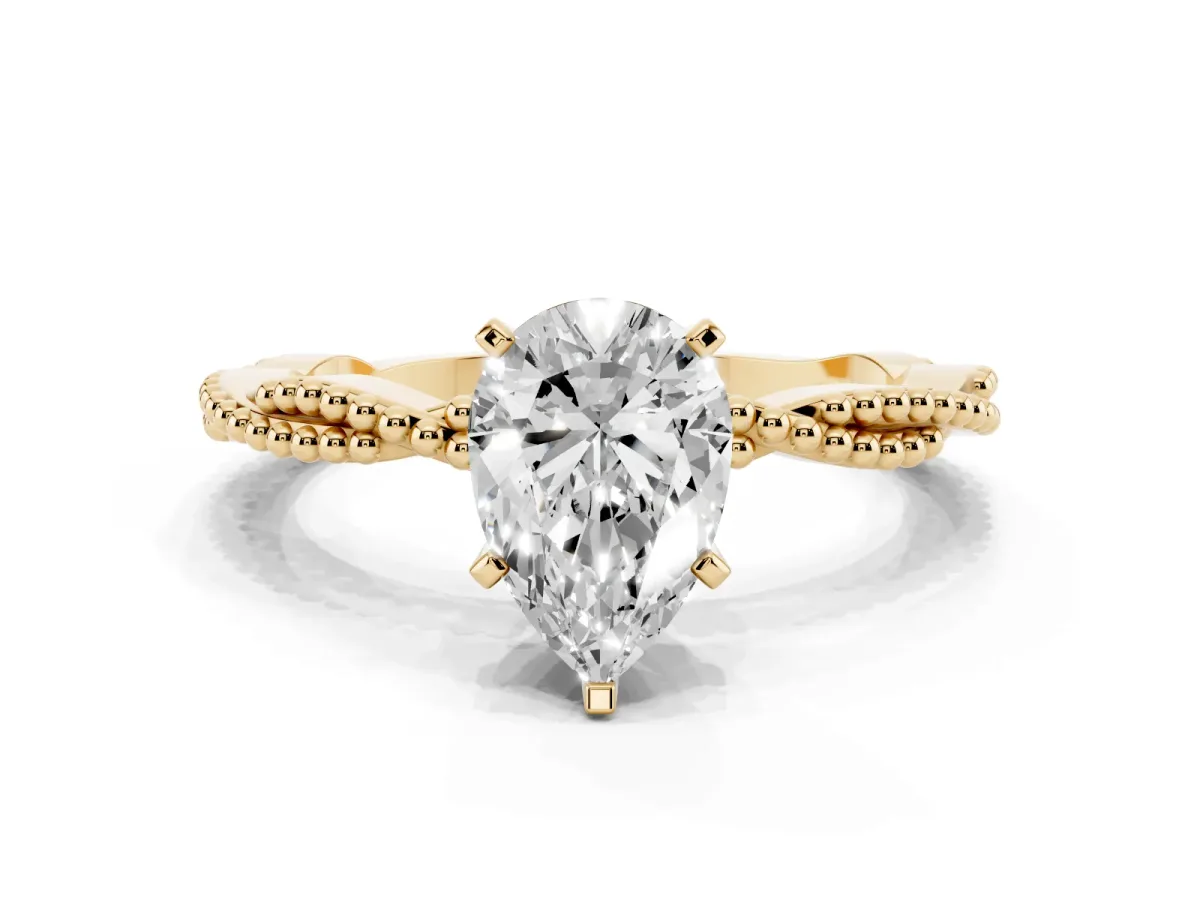 Pear Cut Solitaire Twisted Band with Bead Prong Setting Yellow gold