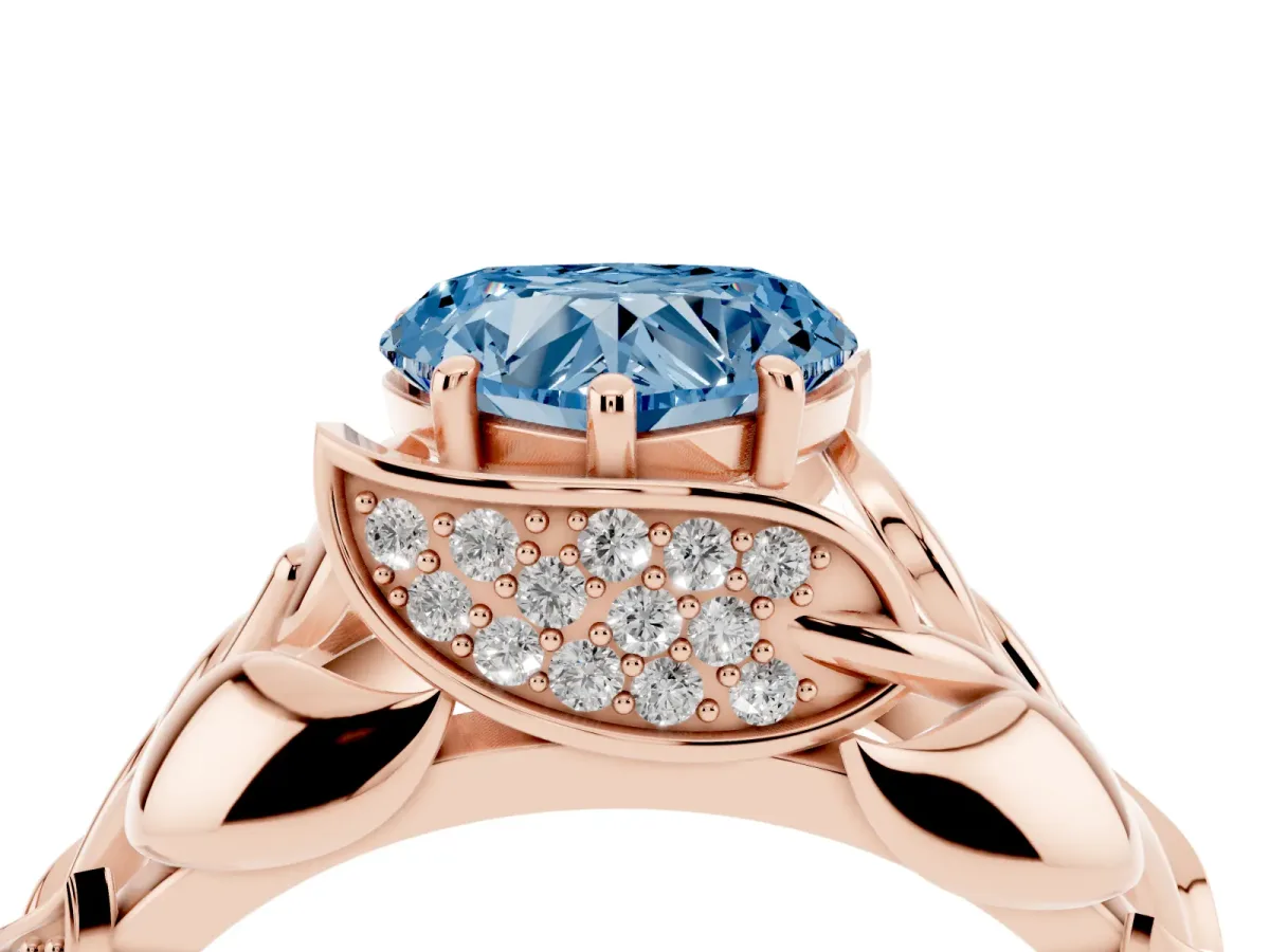 Fancy Blue Heart Cut Diamond Leaf-Inspired Engagement Ring with Round Accents and Prong Setting Rose gold
