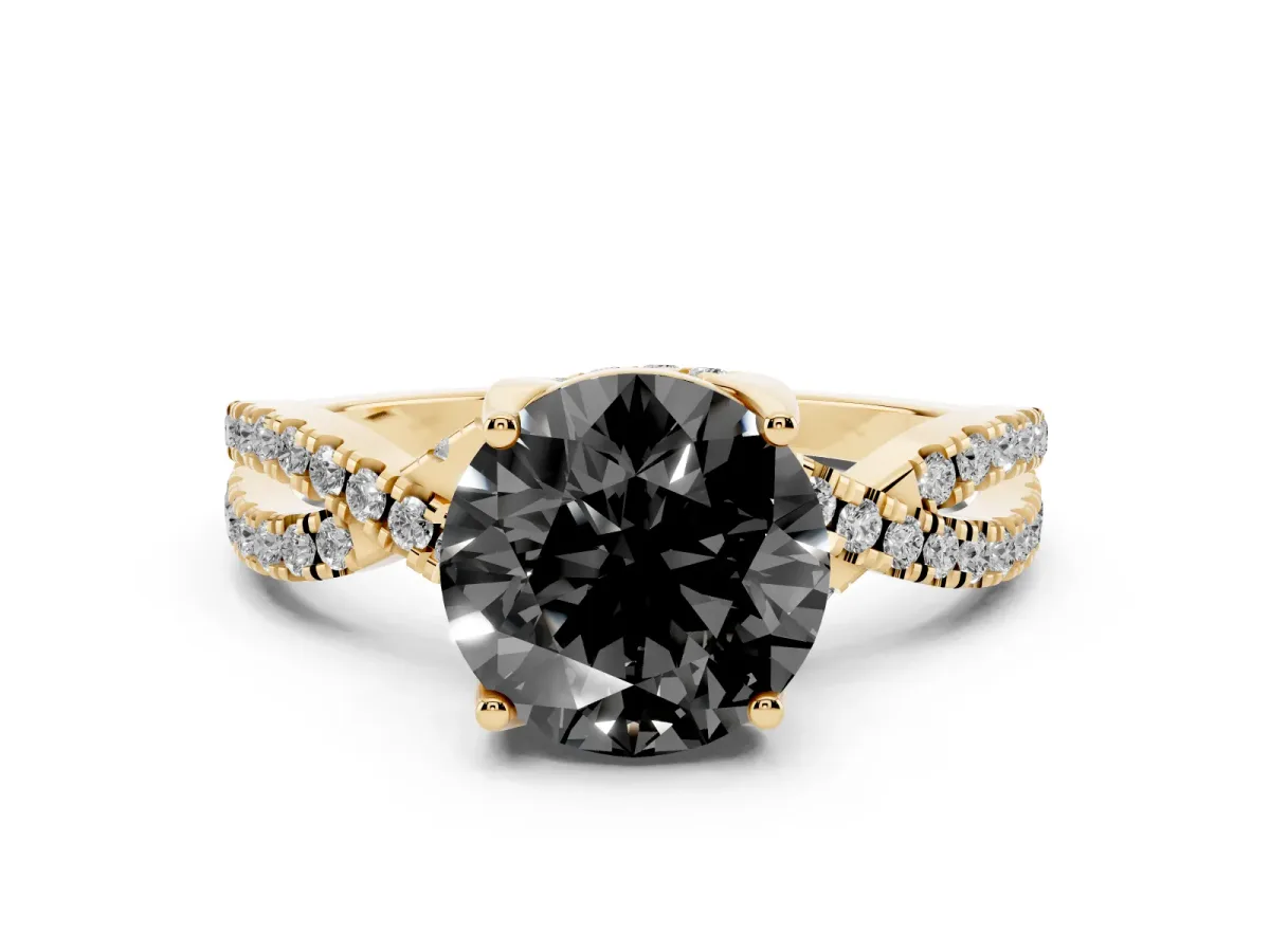 Fancy Black Round Cut Solitaire Twist Pave Diamond Engagement Ring with Prong Setting Yellow gold