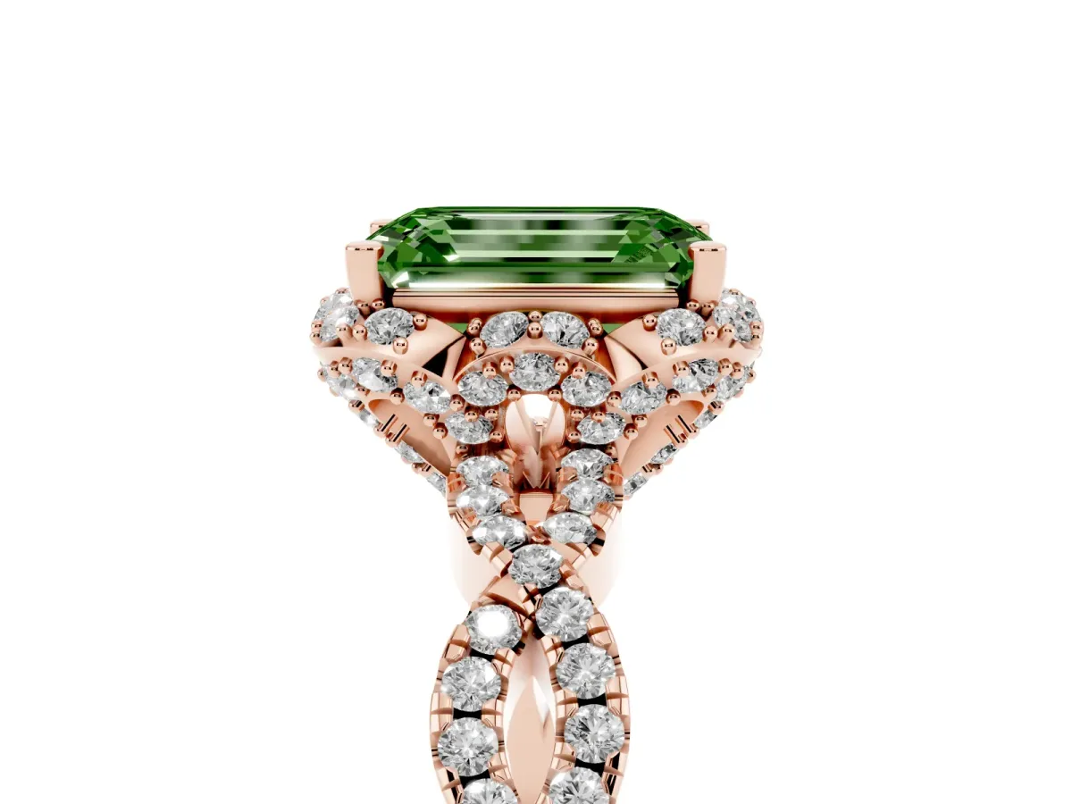 Fancy Green Emerald Cut Halo Twist Band Solitaire Ring with Six-Prong Setting Rose gold