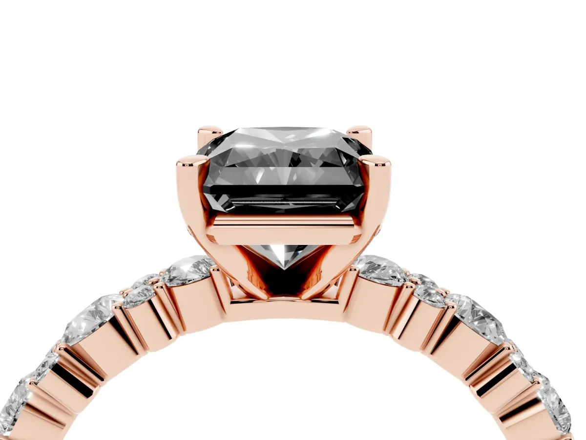 Fancy Black Radiant Cut Diamond Side Stone Solitaire Ring with Round and Four-Prong Setting Rose gold
