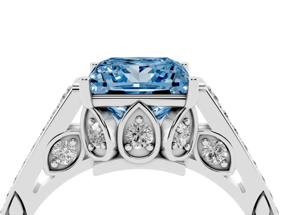 Fancy Blue Princess Cut Cut Cathedral Pave Diamond Engagement Ring with Six-Prong Setting Silver