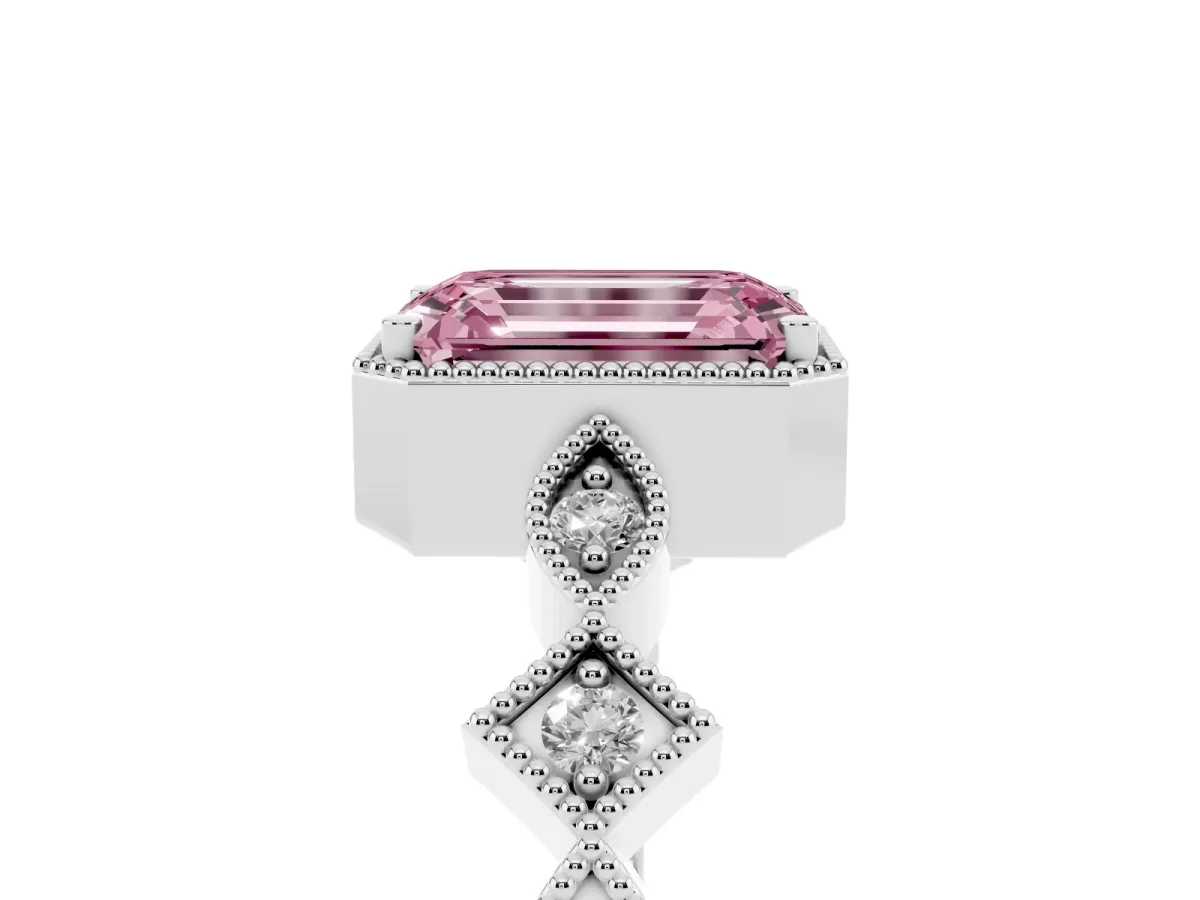 Fancy Pink Emerald Cut Milgrain Marquise Diamond Twist Band Ring Silver