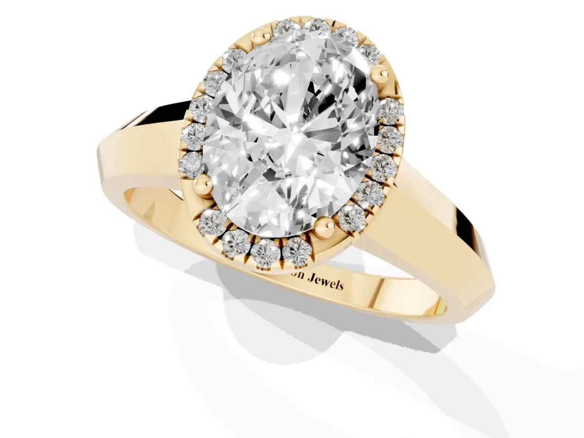 Oval Cut Halo Diamond Ring with Cathedral Band and Four-Prong Setting Yellow gold