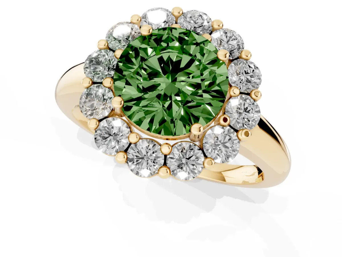 Fancy Green Round Cut Halo Cluster Diamond Engagement Ring with Prong Setting and Polished Band Yellow gold
