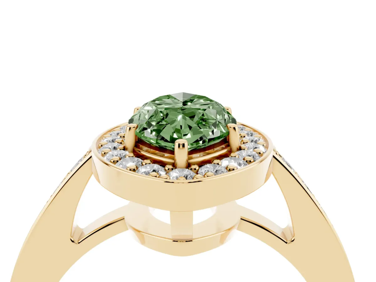 Fancy Green Marquise Cut Halo Pavé Diamond Engagement Ring with Bezel Setting Yellow gold
