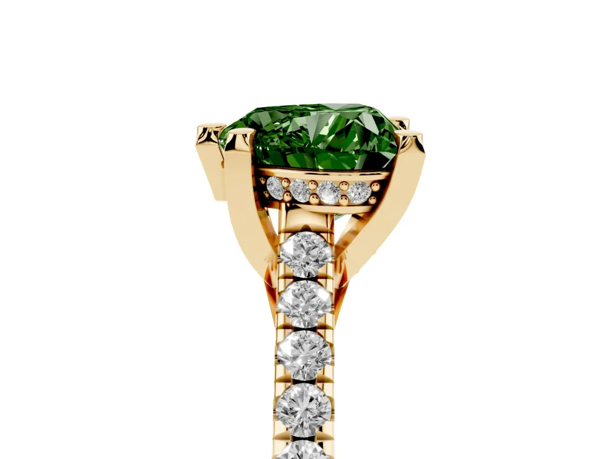 Fancy Green Heart Cut Brilliant Diamond Solitaire with Pavé Band and Four-Prong Setting Yellow gold