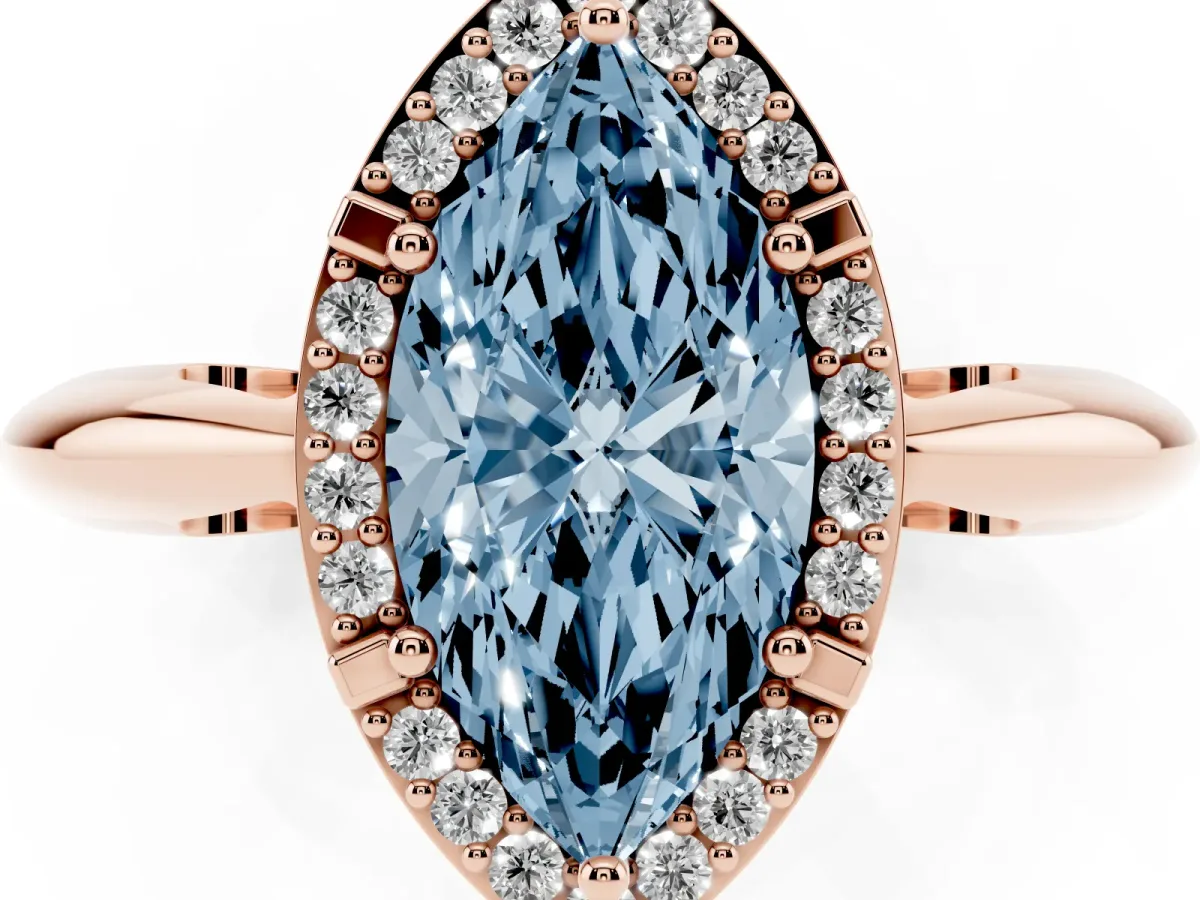 Fancy Blue Marquise Cut Cut Diamond Halo Engagement Ring with Split Shank and Four-Prong Setting Rose gold
