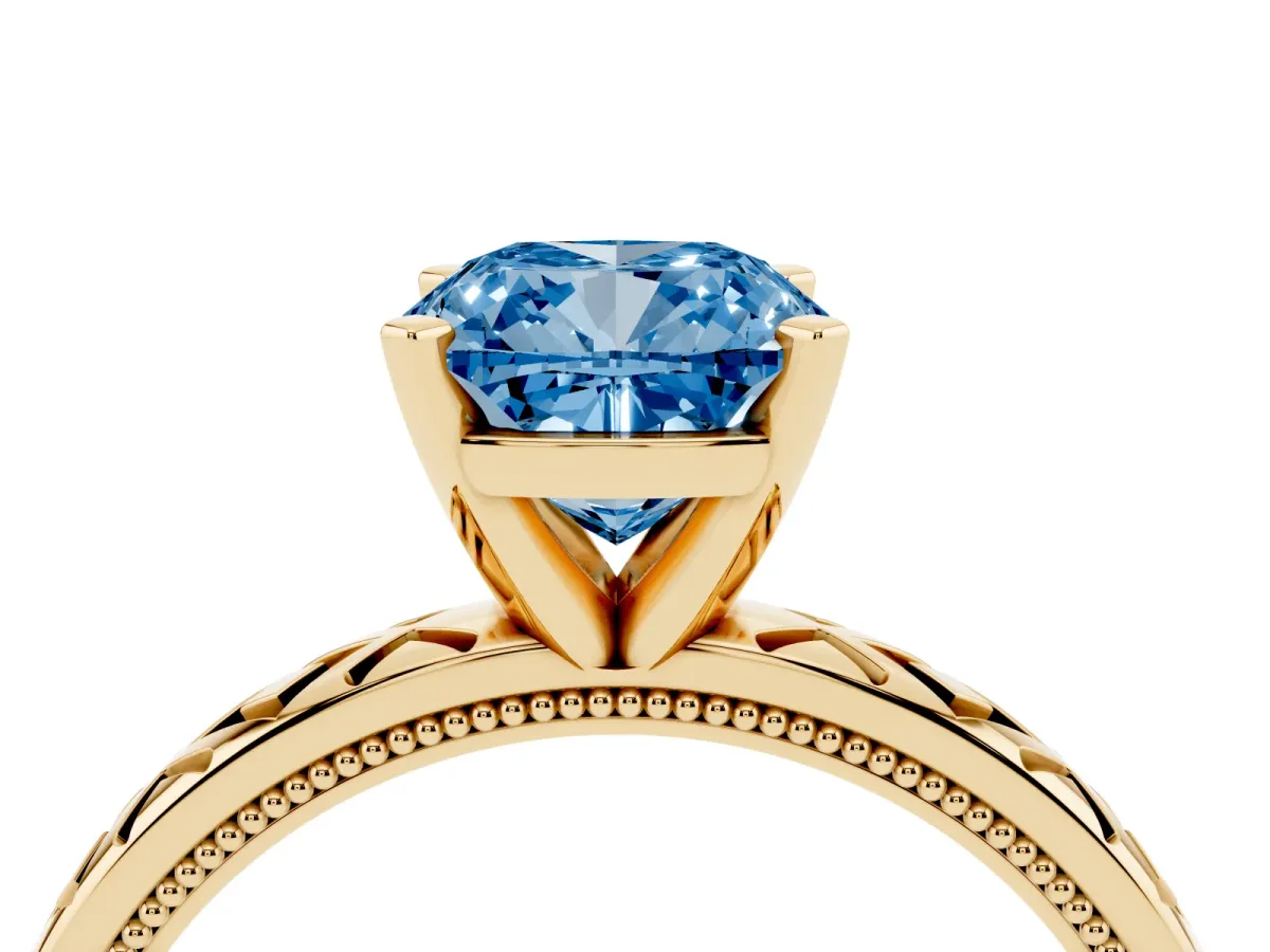 Fancy Blue Cushion Cut Solitaire Diamond Ring with Milgrain and Black Enamel X Pattern Band Yellow gold