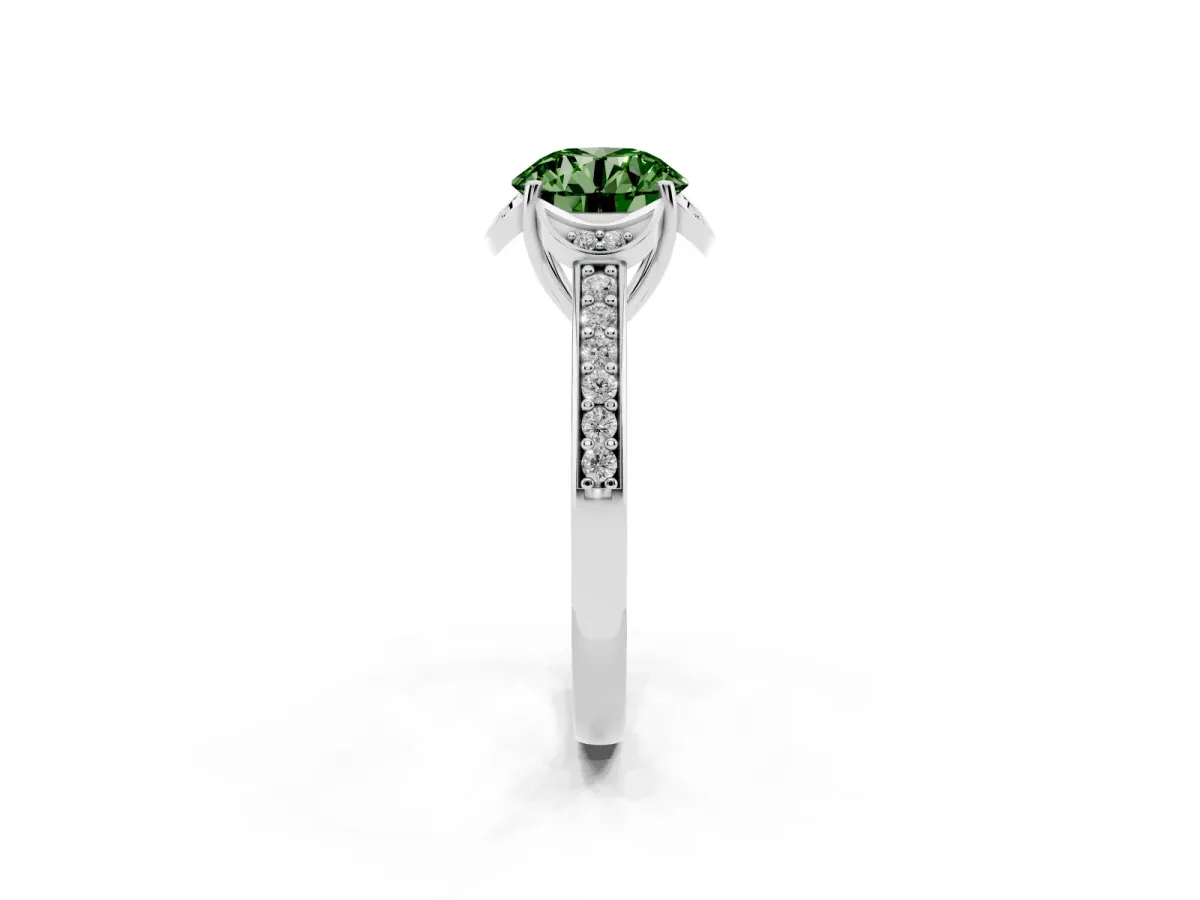 Fancy Green Round Cut Cut Halo Diamond Ring with Channel Set Band and Four-Prong Setting Silver