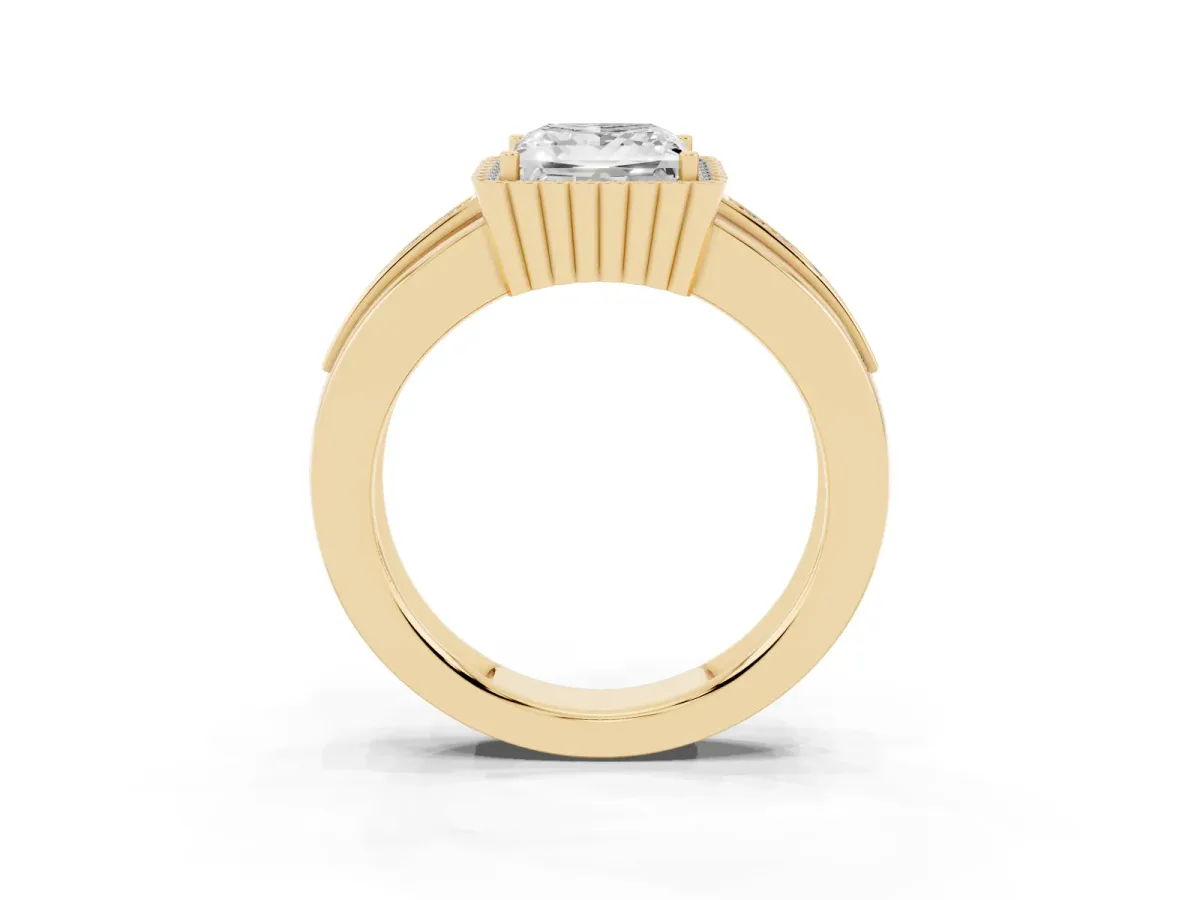 Princess Cut Cut Halo Pave Band Four-Prong Ring Yellow gold
