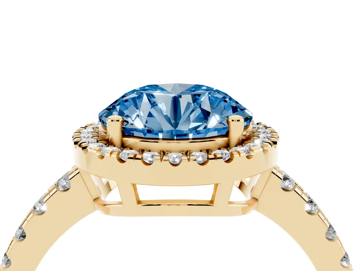 Fancy Blue Round Cut Diamond Halo Ring with Pavé Band and Four-Prong Setting Yellow gold