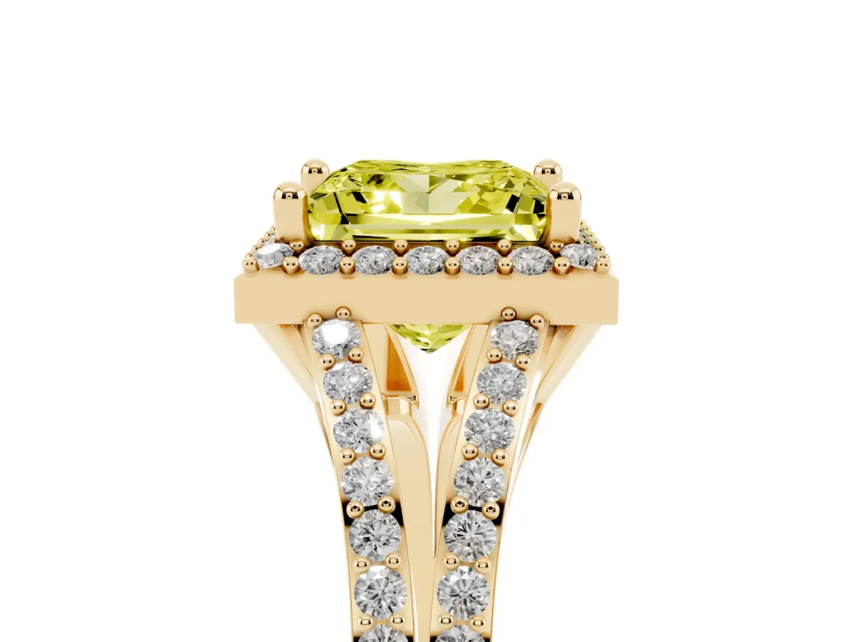 Fancy Yellow Princess Cut Halo Split Shank Pave Diamond Ring with Four-Prong Setting Yellow gold