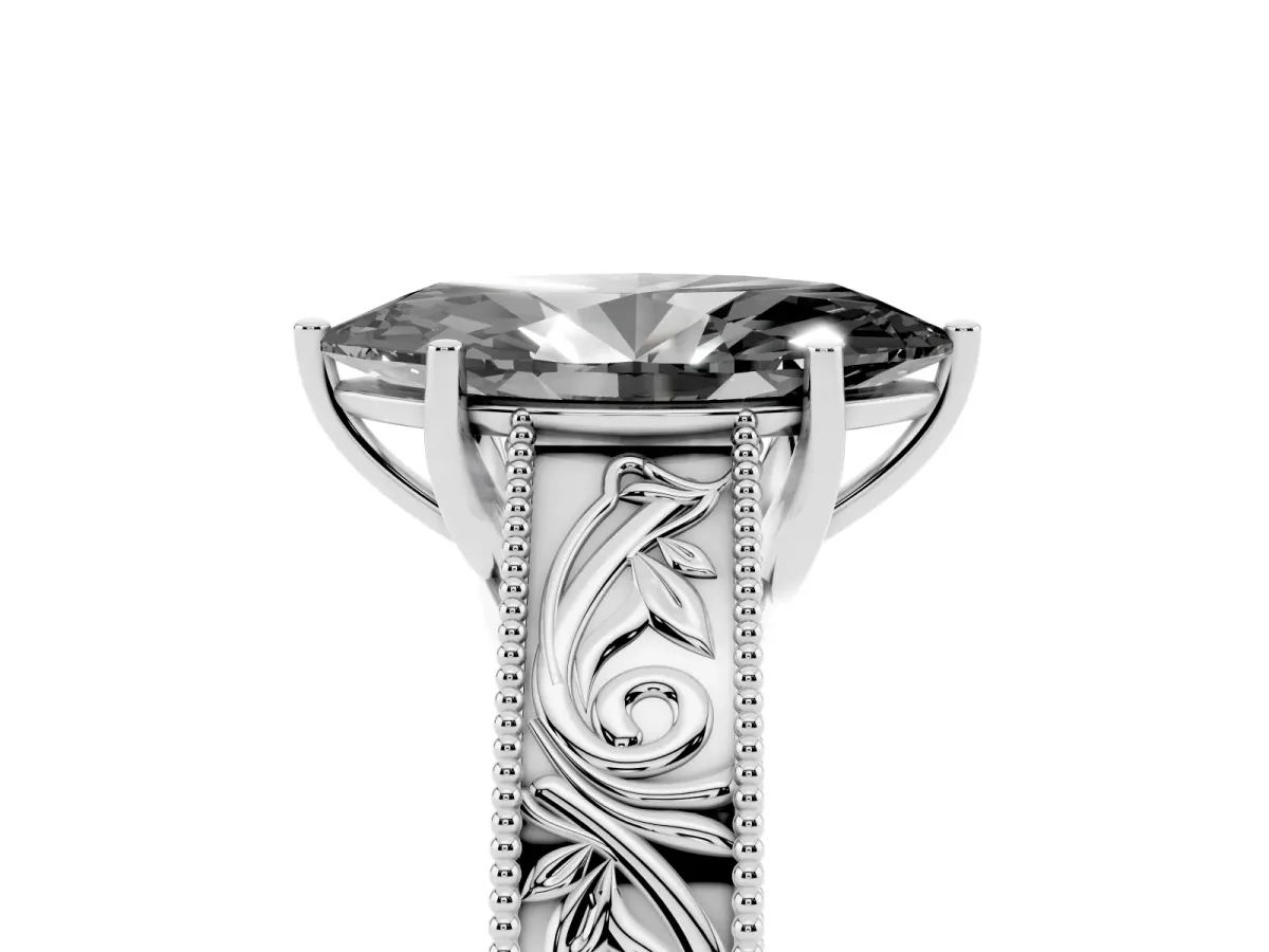 Fancy Black Marquise Cut Diamond Solitaire Ring with Engraved Band and Four-Prong Setting Silver