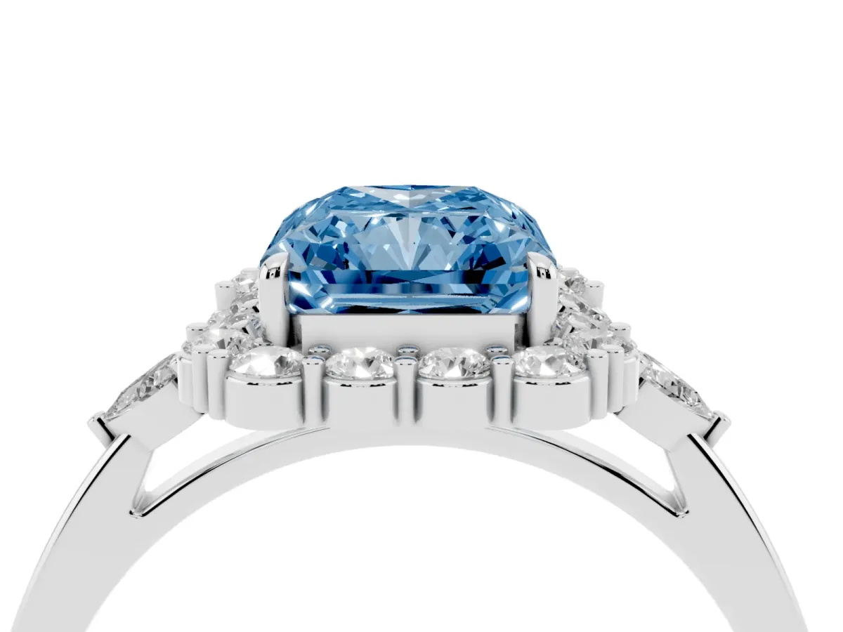 Fancy Blue Radiant Cut Diamond Halo Ring with Pear Side Stones and Prong Setting Silver