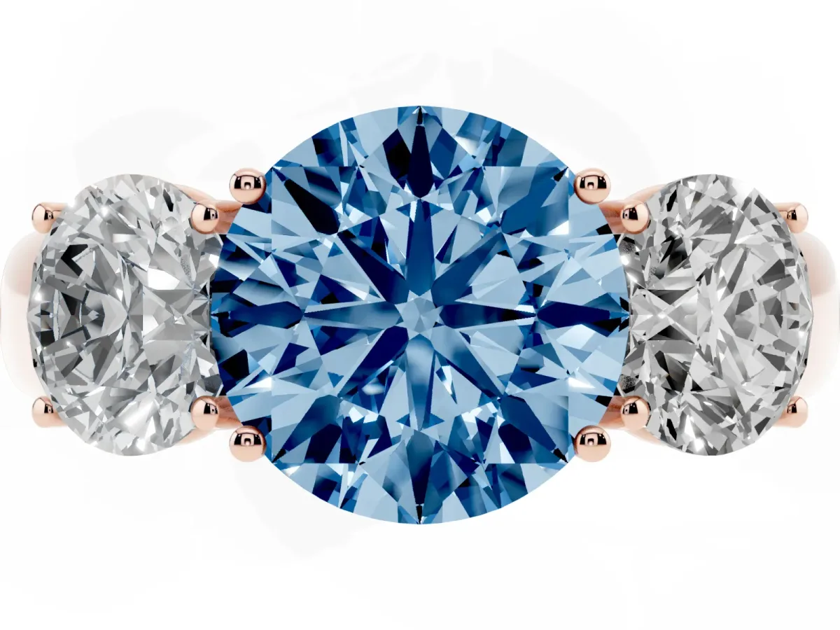 Fancy Blue Three-Stone Round Cut Cut Diamond Ring with Prong Setting and Classic Band Rose gold