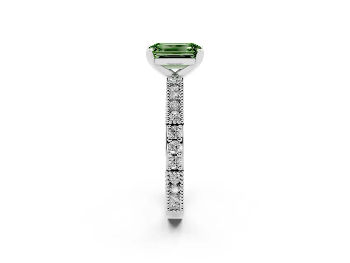 Fancy Green Emerald Cut Solitaire with Pavé Band and Four-Prong Setting Silver