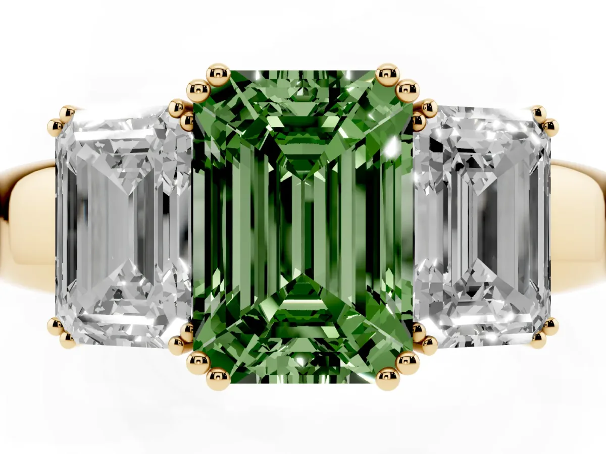 Fancy Green Three-Stone Emerald Cut Cut Diamond Ring with Channel Set Band and Four-Prong Setting Yellow gold